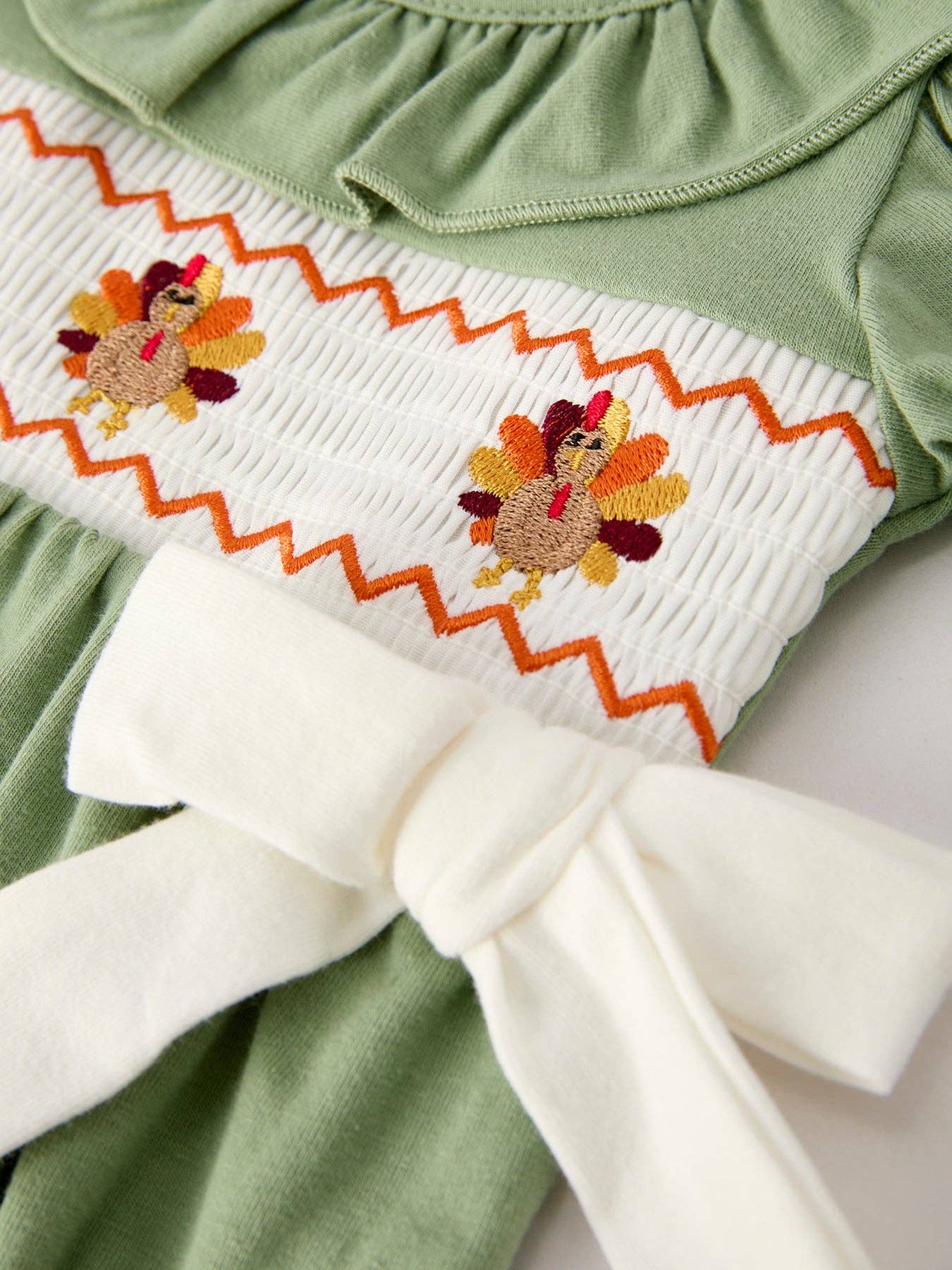 Fall Smock Embroidered Green Romper