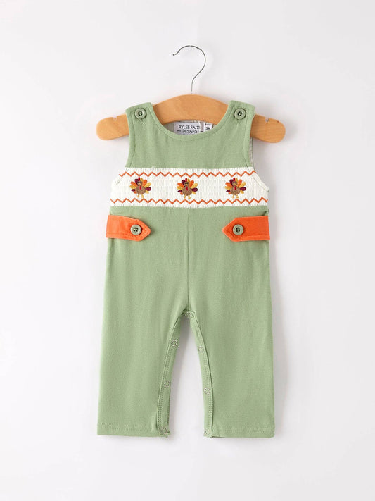 Fall Smocked Embroidered Green Romper