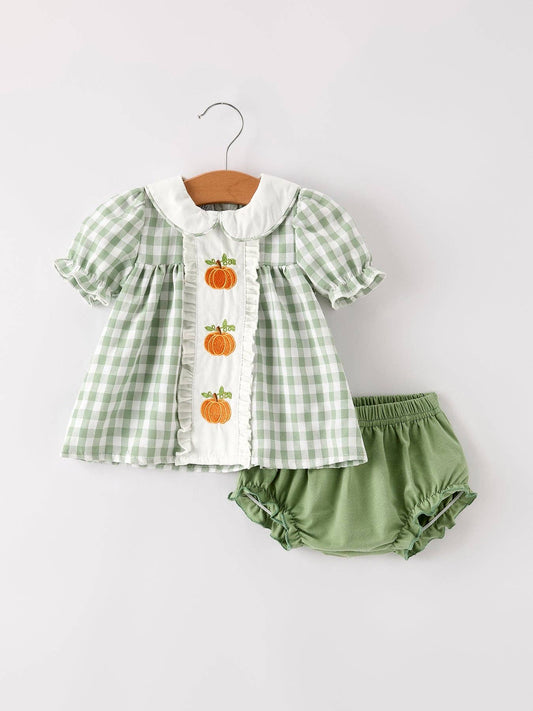 Fall Applique Plaid Bloomers Romper Set
