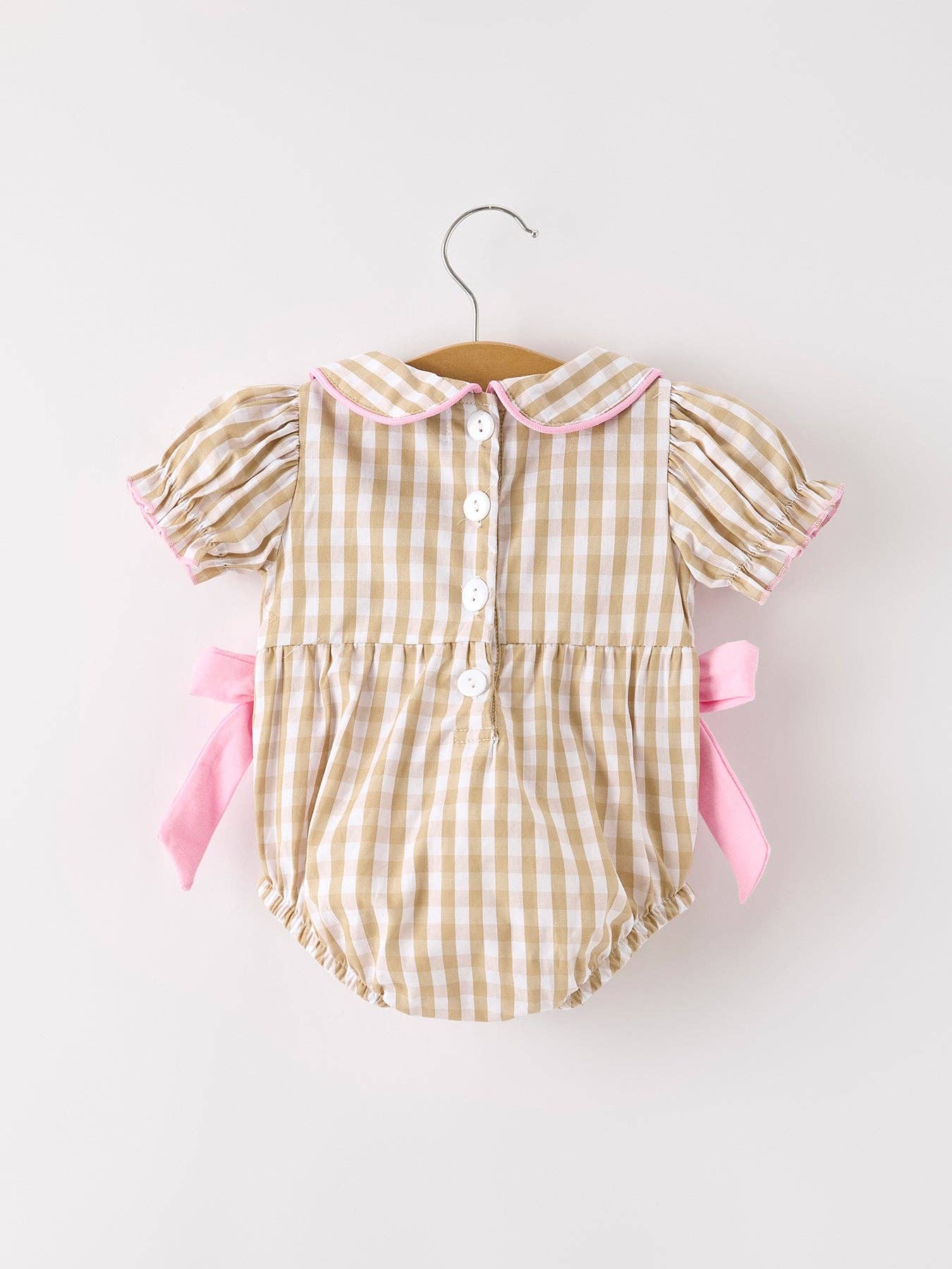 Fall Plaid Embroidery Smocking Bow Romper