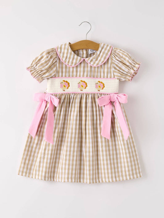 Fall Plaid Embroidery Smocking Bow Dress