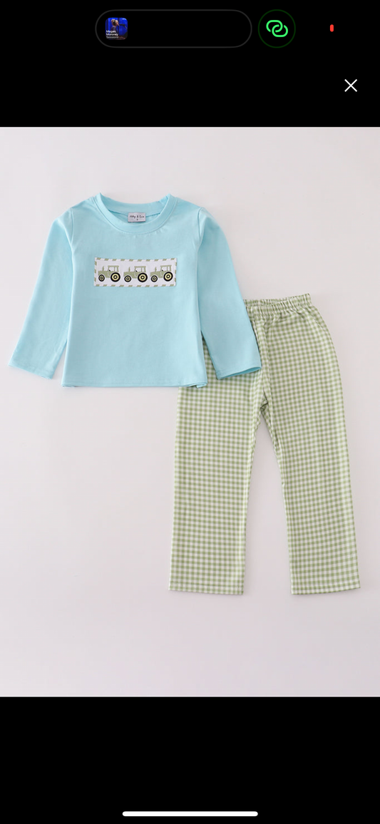 Blue Tractor Embroidery Pants Set