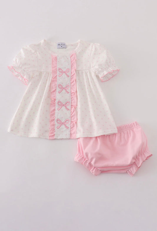 Pink Bow Embroidery dot bloomer set