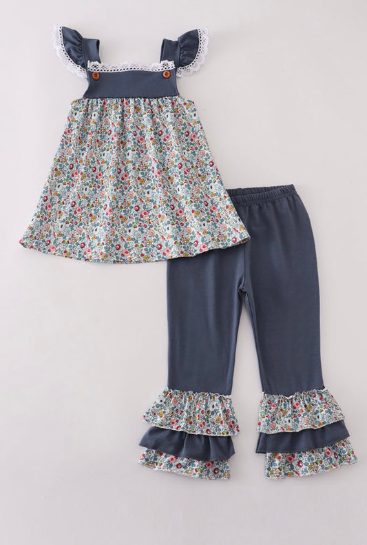 Blue Charm Lace Ruffle Pant Set