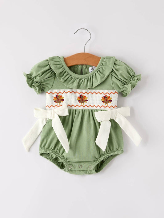 Fall Smock Embroidered Green Romper