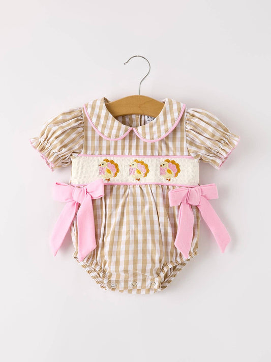 Fall Plaid Embroidery Smocking Bow Romper